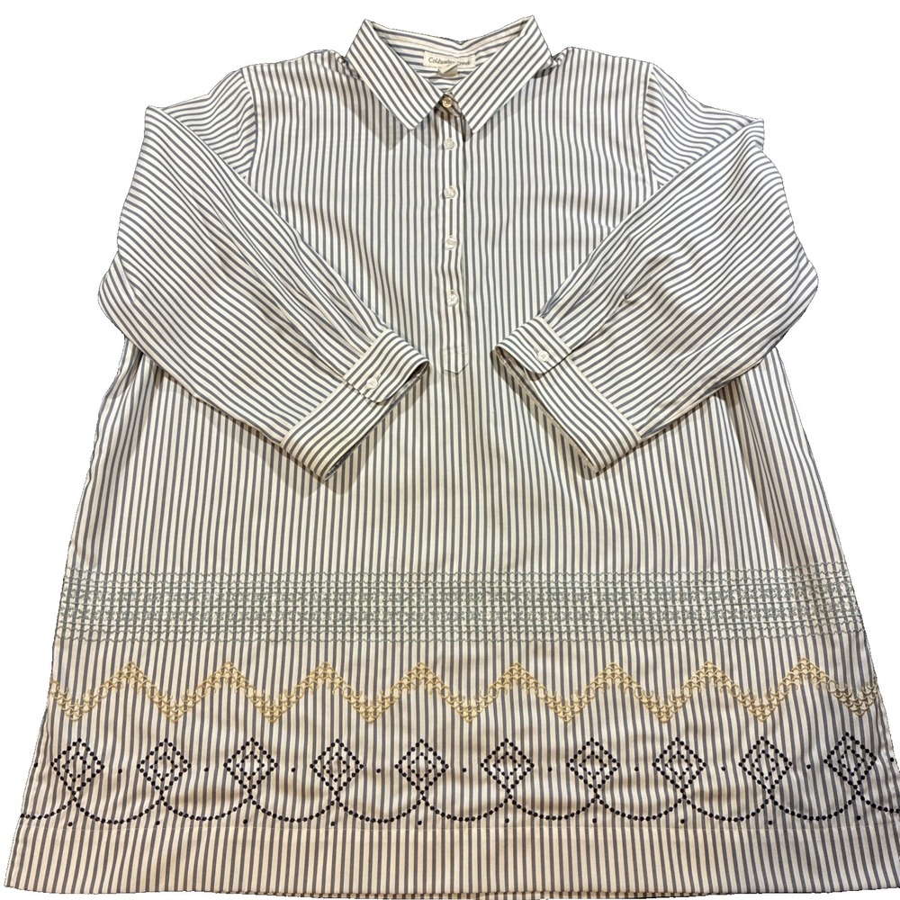 Coldwater Creek XL 100% Cotton Embroidered Striped Tunic blouse Blue White